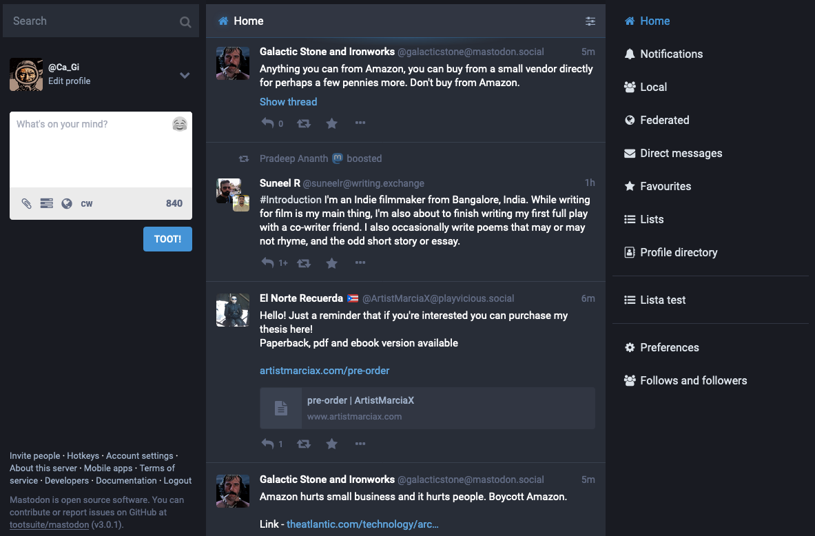 Schermata di una homepage standard di Mastodon.