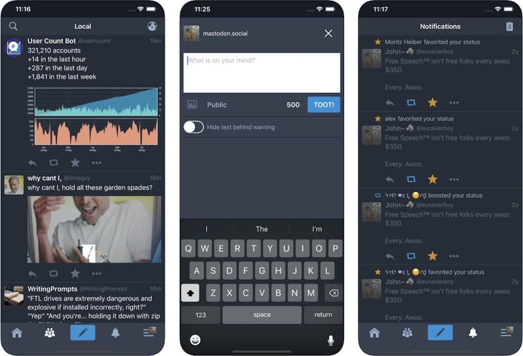 Tre schermate che mostrano Mastodon su uno smartphone.