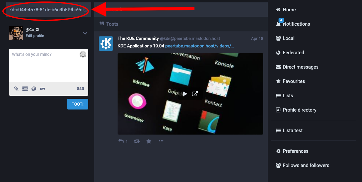 Una schermata che mostra la pagina principale del sito web di un’Istanza Mastodon, con la casella di ricerca riempita dall’URL del post video che fa già bella mostra di sé nella colonna centrale della pagina stessa.