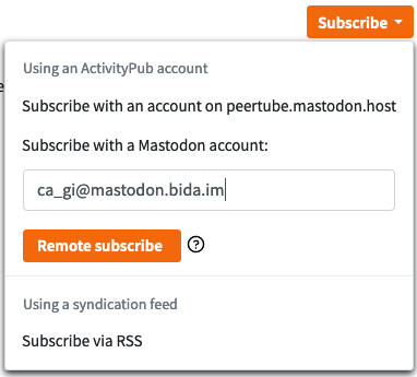 Una schermata che mostra il menu popup che appare cliccando sul pulsante “Subscribe” (“Iscriviti”) sulla pagina di un post video sul sito web di un’Istanza PeerTube.